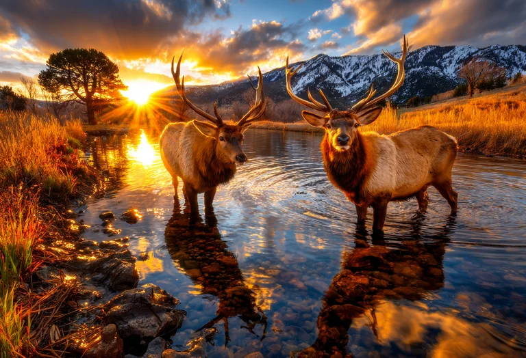 Two majestic elk stand in a shallow, rocky stream during a vibrant