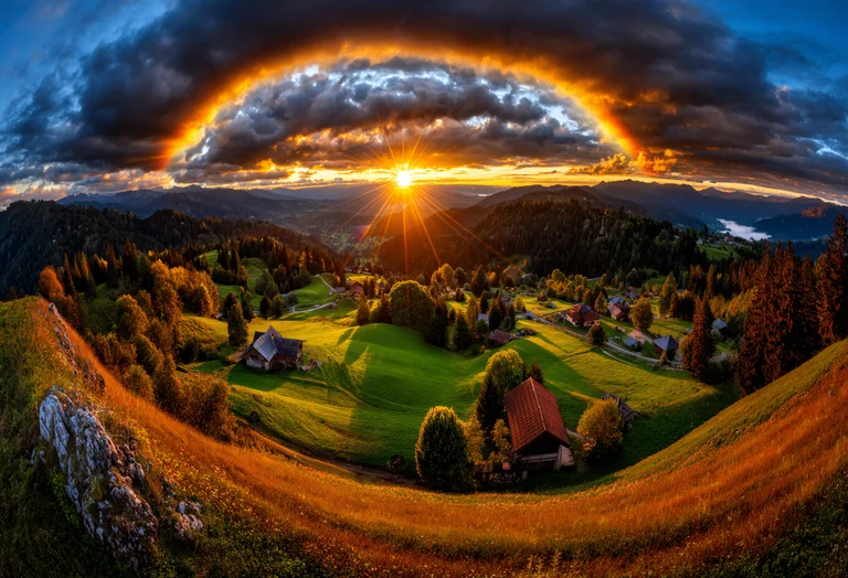 A breathtaking panoramic view of a rural mountain village bathed in