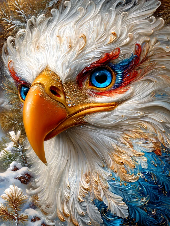 A majestic eagle's head is shown in extreme close-up, its piercing