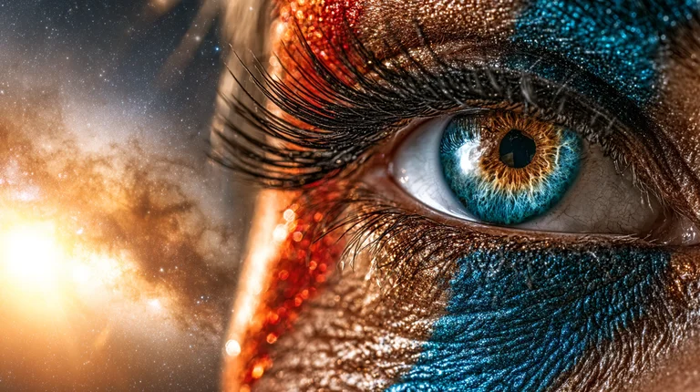 A close-up, extreme macro shot focuses on a human eye, adorned with