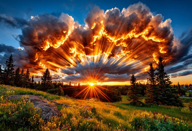 A dramatic sunset paints the sky with fiery orange and yellow light,