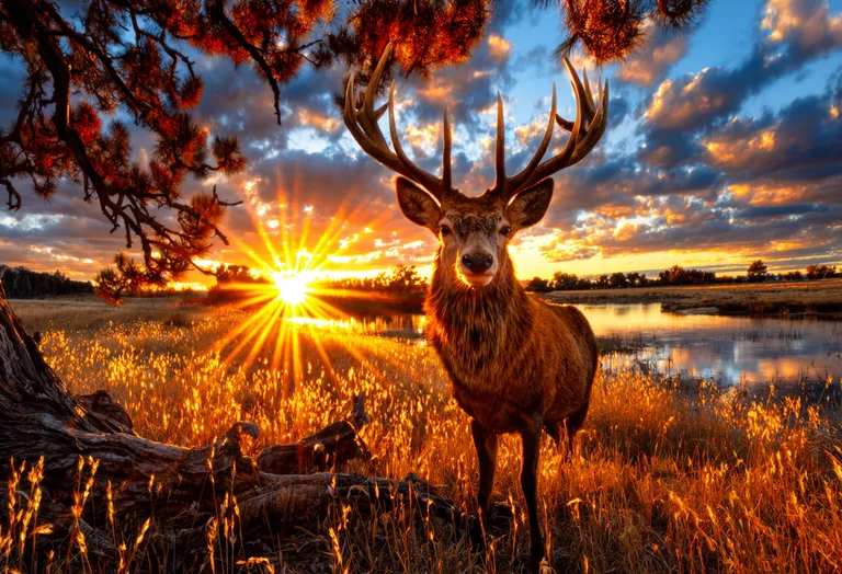 A majestic stag stands in a field of golden grass during a vibrant