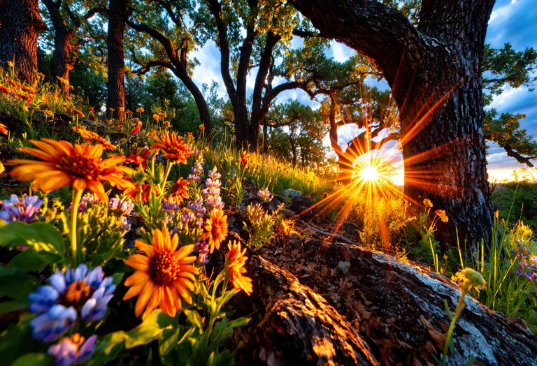 A vibrant meadow filled with wildflowers is bathed in the warm glow