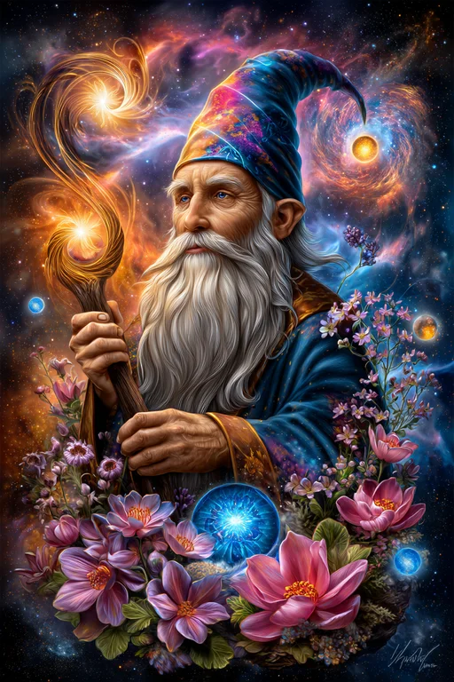 An elderly wizard with a long white beard and blue eyes stands