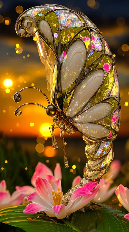 A highly detailed, ornate stained-glass butterfly sculpture is