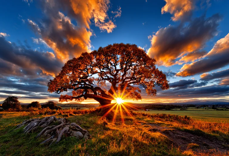 A majestic, ancient oak tree stands prominently in a field, its