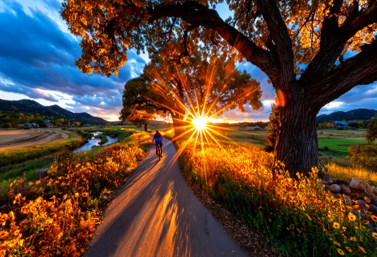 A lone cyclist rides down a paved path through a field of wildflowers
