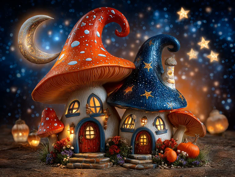 Two whimsical mushroom houses stand side-by-side under a starry night