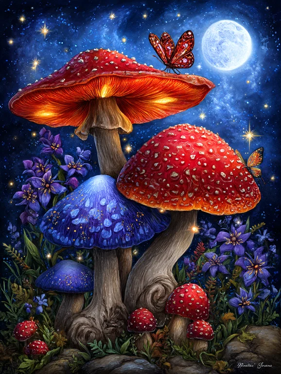 A magical night scene featuring a cluster of oversized, glowing