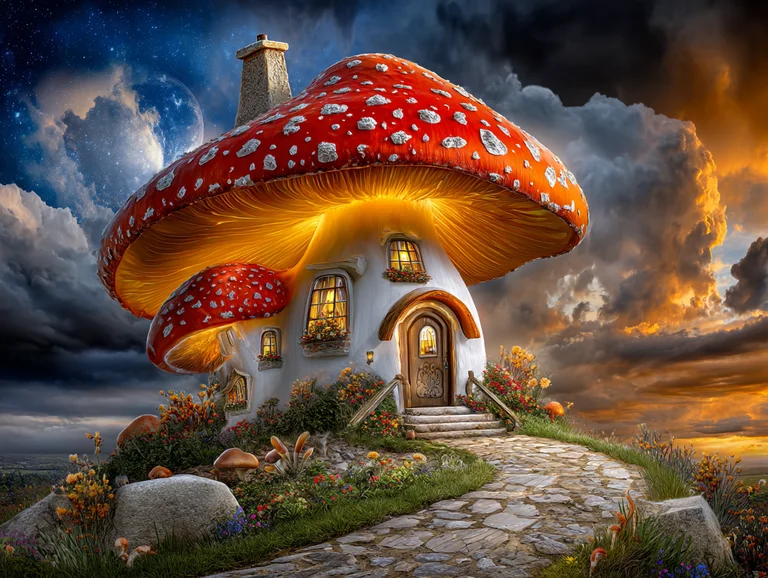 A whimsical mushroom house sits on a cobblestone path, surrounded by