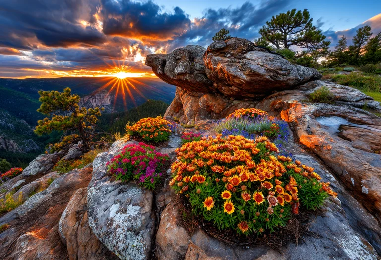 A vibrant mountain landscape at sunset, with a dramatic sky and