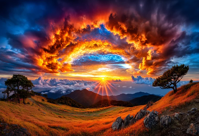 A dramatic sunset paints the sky with fiery oranges and deep blues