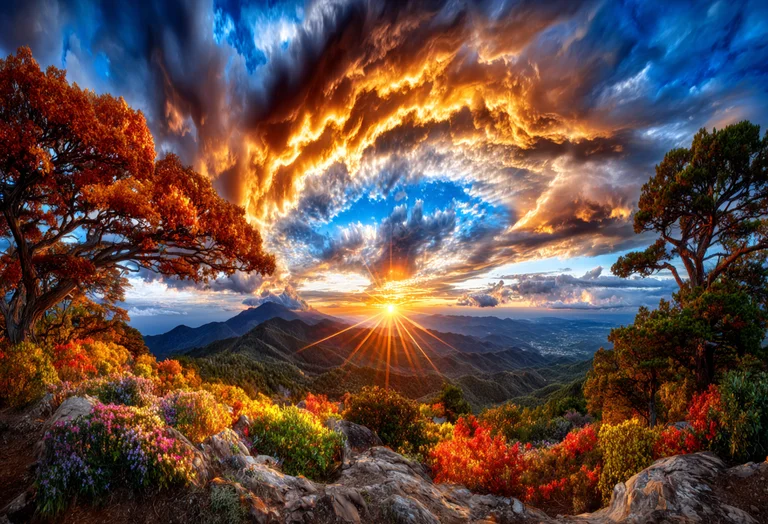 A breathtaking mountain vista unfolds at sunset, with dramatic clouds