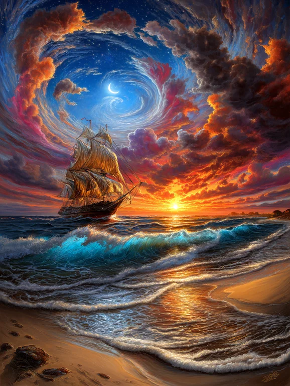 A majestic sailing ship navigates through turbulent, colorful clouds