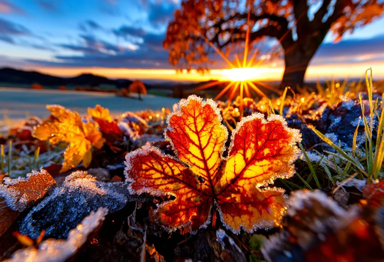 A close-up view of frost-covered autumn leaves in the foreground,