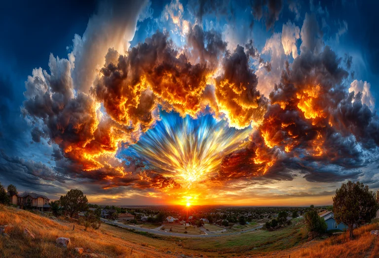 A dramatic sunset or sunrise paints the sky with fiery oranges and