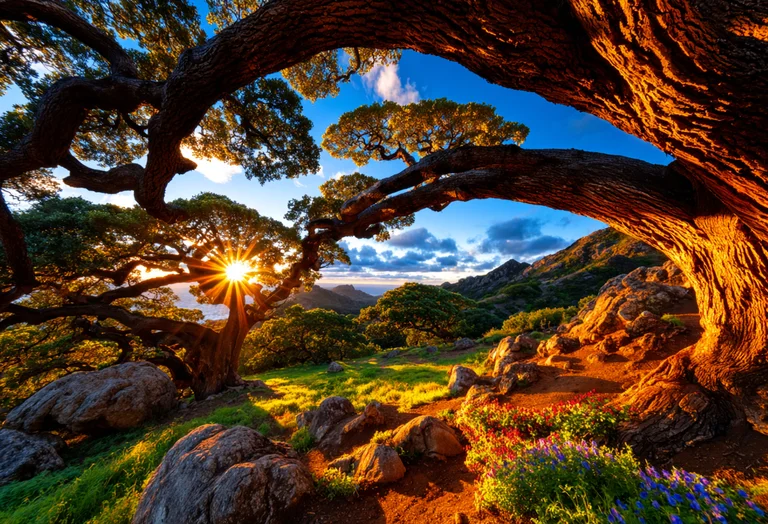 A majestic, ancient tree frames a breathtaking view of rolling hills