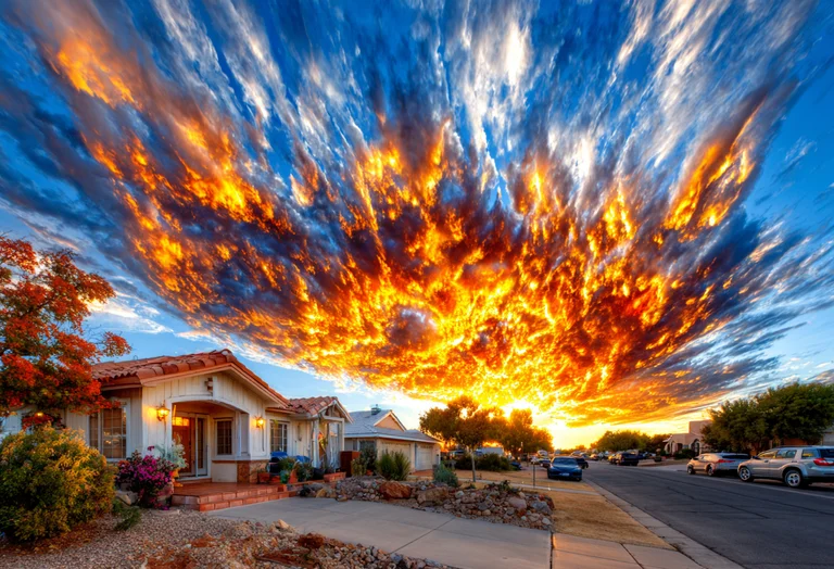 A dramatic sunset paints the sky with fiery oranges and yellows,