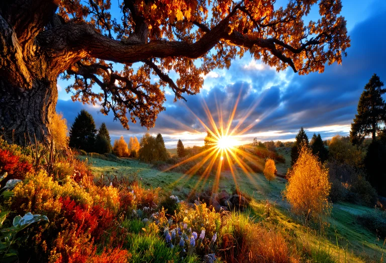 A majestic oak tree with vibrant autumn foliage frames a breathtaking
