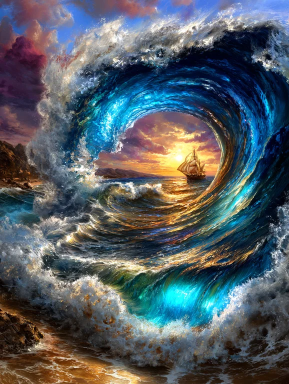 A majestic sailing ship navigates through a colossal, swirling wave