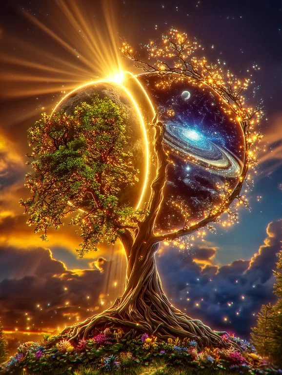 A majestic tree with glowing branches and roots stands on a hill