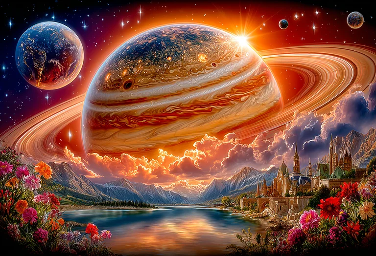 A breathtaking fantasy landscape unfolds with a colossal, ringed