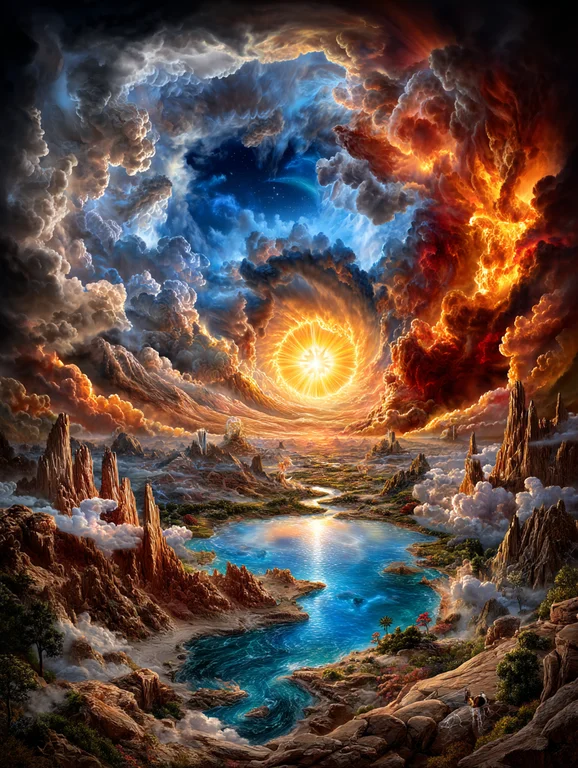 A breathtaking, epic fantasy landscape unfolds under a dramatic sky