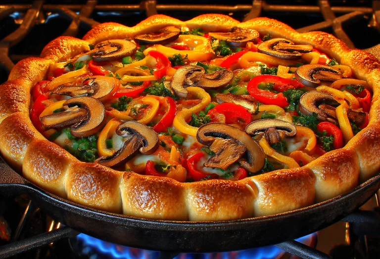 A close-up, mouth-watering shot of a freshly baked pizza in a