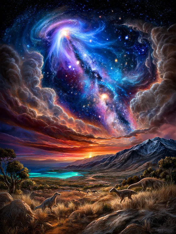 A breathtaking prehistoric landscape unfolds under a vibrant,