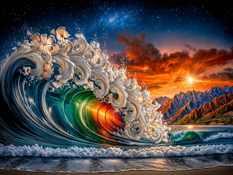 A colossal wave, intricately sculpted with floral elements, crests