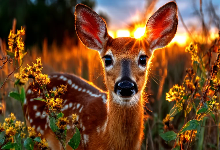 A young deer, likely a fawn, is captured in a close-up portrait