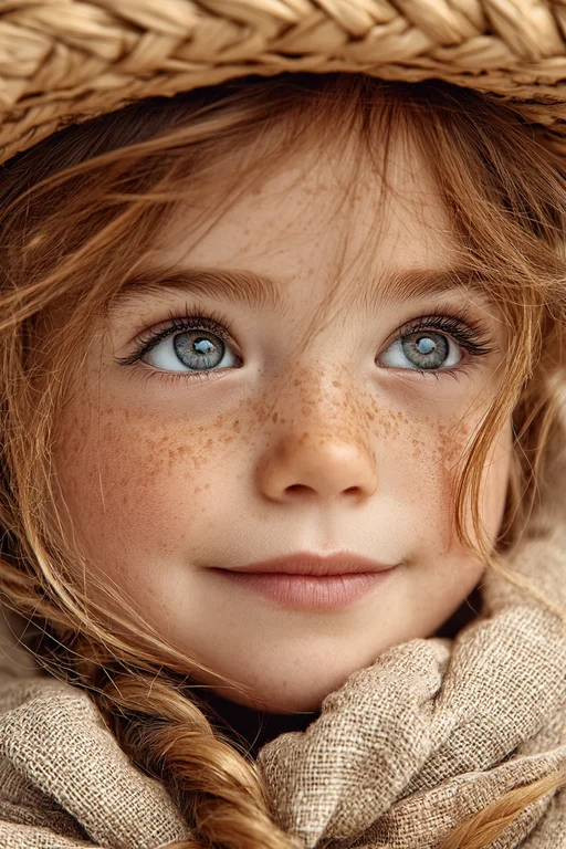 A close-up portrait of a young girl with striking blue eyes and a