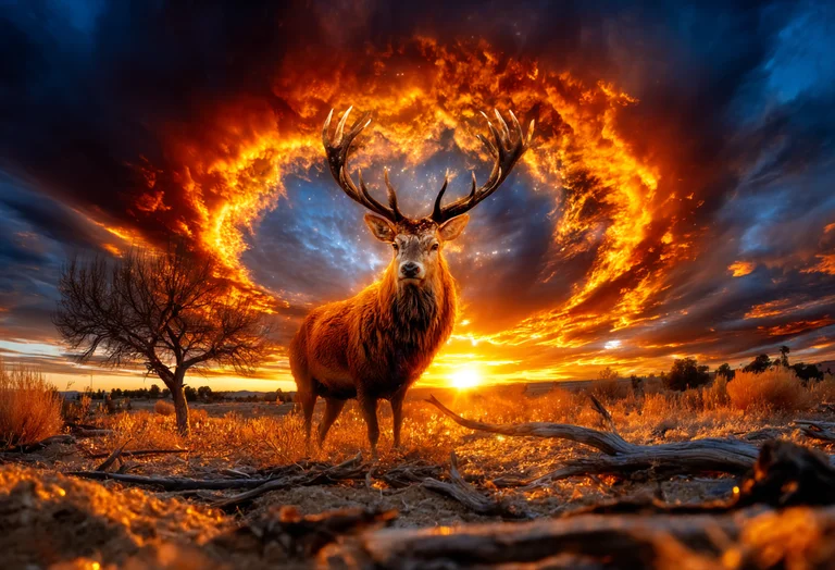 A majestic stag stands proudly in a desolate landscape under a