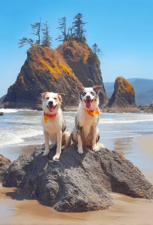 Two happy border collies sit on a rock at the beach, wearing colorful