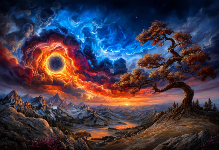 A dramatic and surreal landscape unfolds under a swirling sky of