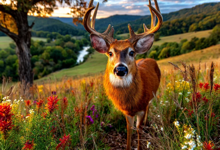 A majestic buck deer stands in a field of wildflowers, looking
