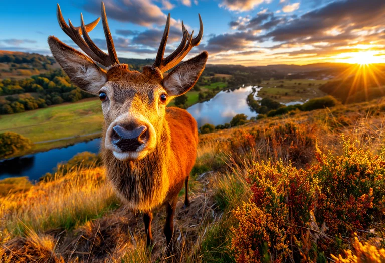 A majestic stag with large antlers stands on a grassy hill