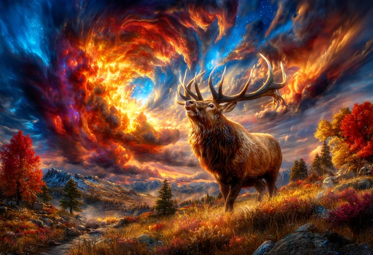 A majestic elk stands on a grassy hill, looking up at a dramatic sky