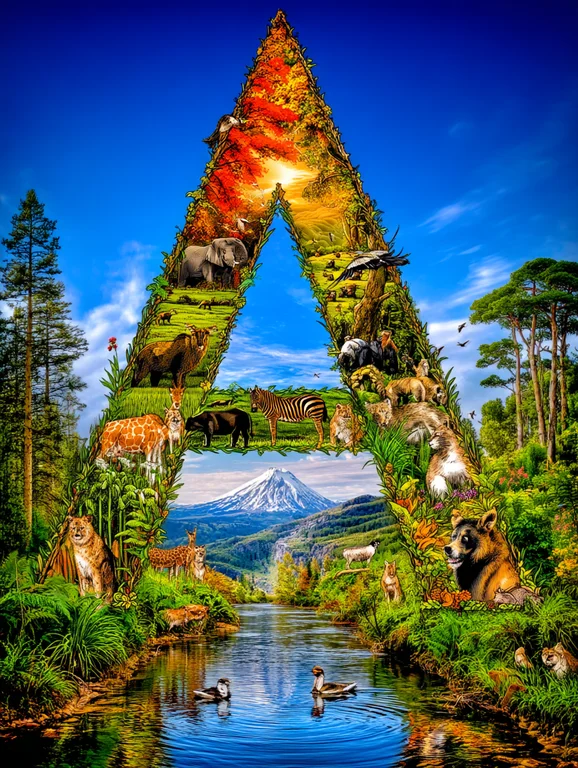A majestic letter 'A' formed by lush greenery and diverse wildlife
