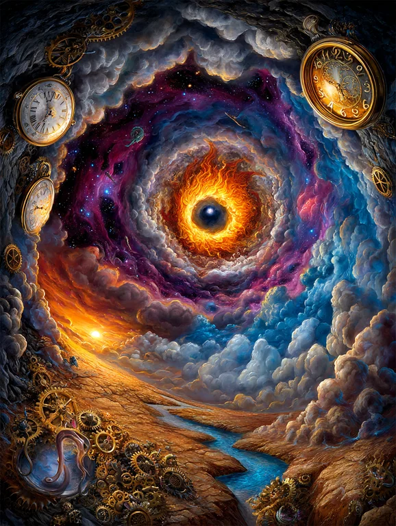 A surreal and fantastical landscape depicting a vortex of cosmic