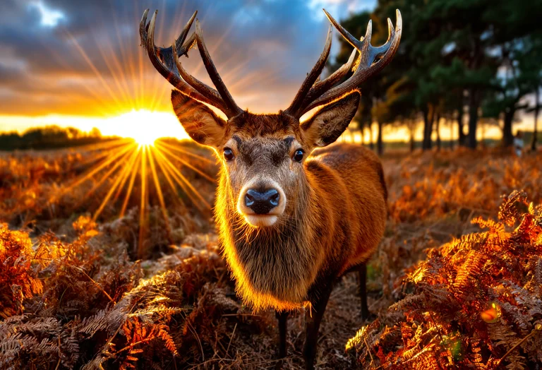 A majestic stag stands in a field of dry ferns and grass during a