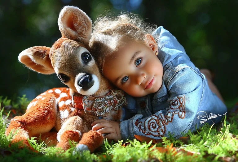 A young child with striking blue eyes rests their head on a fawn,