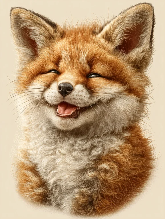 A close-up portrait of a happy fox cub