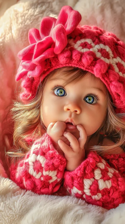 A close-up portrait of a baby girl with striking blue eyes, wearing a