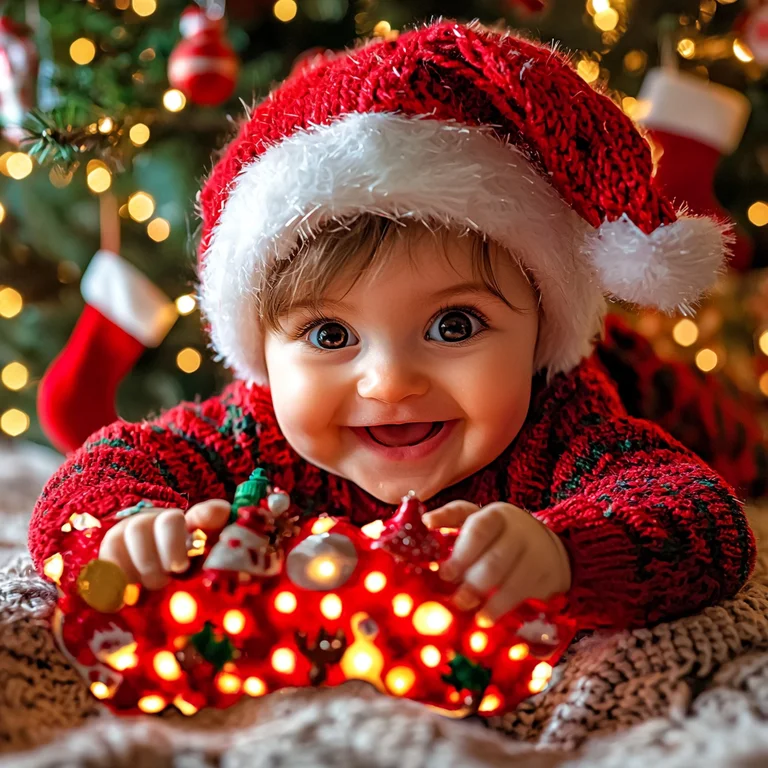 A joyful baby wearing a Santa hat and a red Christmas sweater lies on