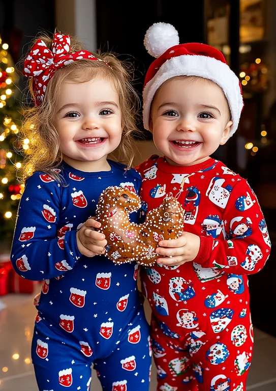 Two adorable toddlers, a boy and a girl, are smiling brightly while