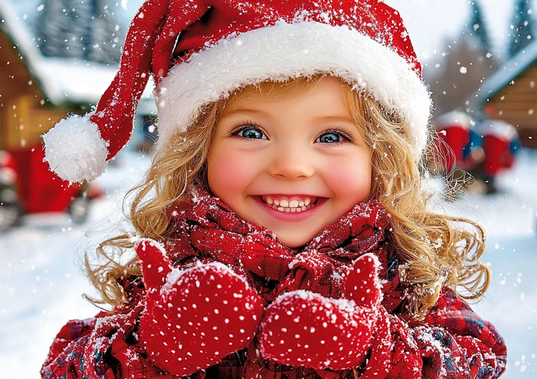 A close-up portrait of a young girl wearing a Santa hat and red