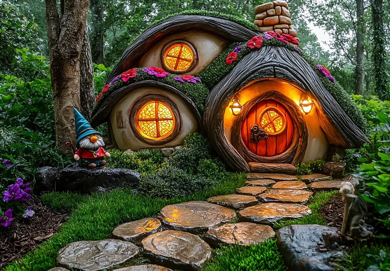 A whimsical hobbit-style house nestled in a lush, green forest