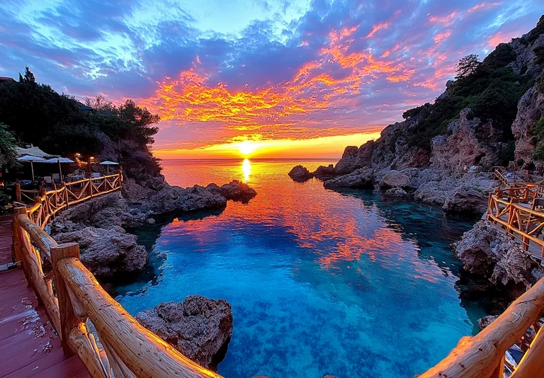 A breathtaking sunset over a tranquil cove, with vibrant orange and