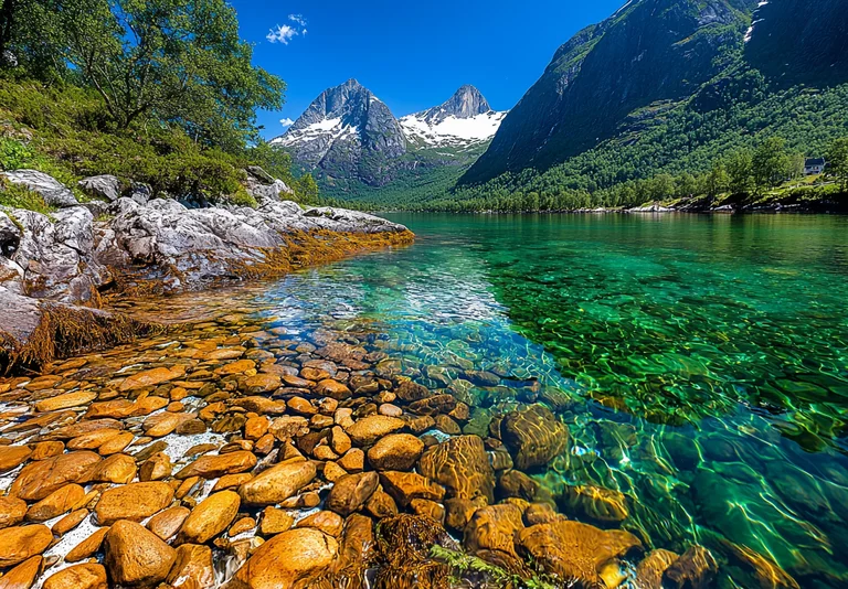 A stunning natural landscape featuring a crystal-clear turquoise lake